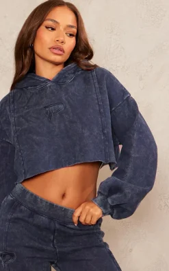 Petite Indigo Acid Wash Seam Detail Cropped Hoodie