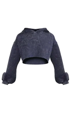 Petite Indigo Acid Wash Seam Detail Cropped Hoodie