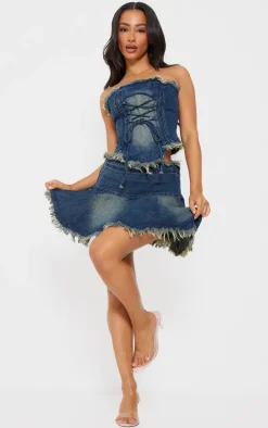 Petite Indigo Blue Wash Frayed Hem Denim Pleated Mini Skirt