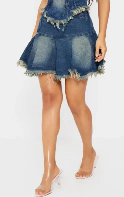 Petite Indigo Blue Wash Frayed Hem Denim Pleated Mini Skirt