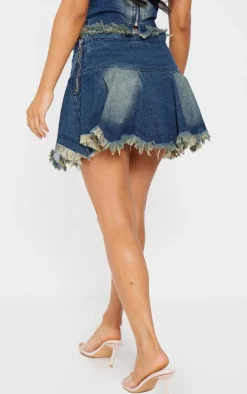 Petite Indigo Blue Wash Frayed Hem Denim Pleated Mini Skirt