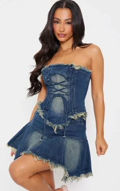 Petite Indigo Blue Wash Frayed Hem Denim Pleated Mini Skirt