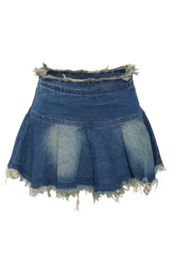 Petite Indigo Blue Wash Frayed Hem Denim Pleated Mini Skirt