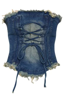 Petite Indigo Blue Wash Frayed Hem Denim Corset