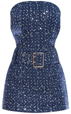 Discount PrettyLittleThing Petite Sequin Belted Mini Skirt Indigo Blue Wash