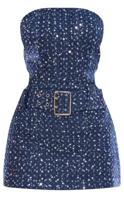 Clearance PrettyLittleThing Petite Sequin Bandeau Top Indigo Blue Wash