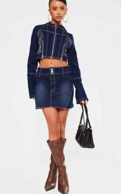 Best PrettyLittleThing Petite Stitch Detail Mini Skirt Indigo