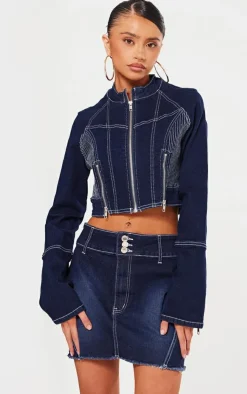 Best PrettyLittleThing Petite Stitch Detail Mini Skirt Indigo