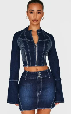 Outlet PrettyLittleThing Petite Stitch Detail Zip Cropped Denim Jacket Indigo
