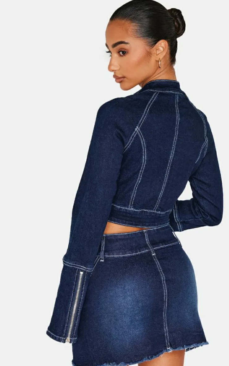Outlet PrettyLittleThing Petite Stitch Detail Zip Cropped Denim Jacket Indigo