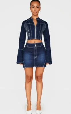 Outlet PrettyLittleThing Petite Stitch Detail Zip Cropped Denim Jacket Indigo