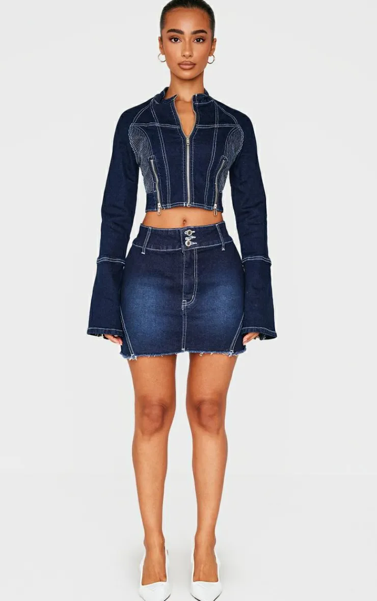 Outlet PrettyLittleThing Petite Stitch Detail Zip Cropped Denim Jacket Indigo