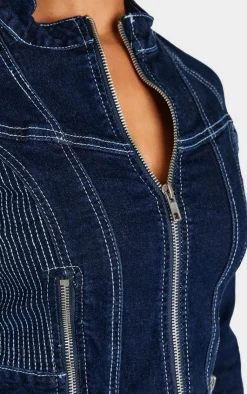 Outlet PrettyLittleThing Petite Stitch Detail Zip Cropped Denim Jacket Indigo