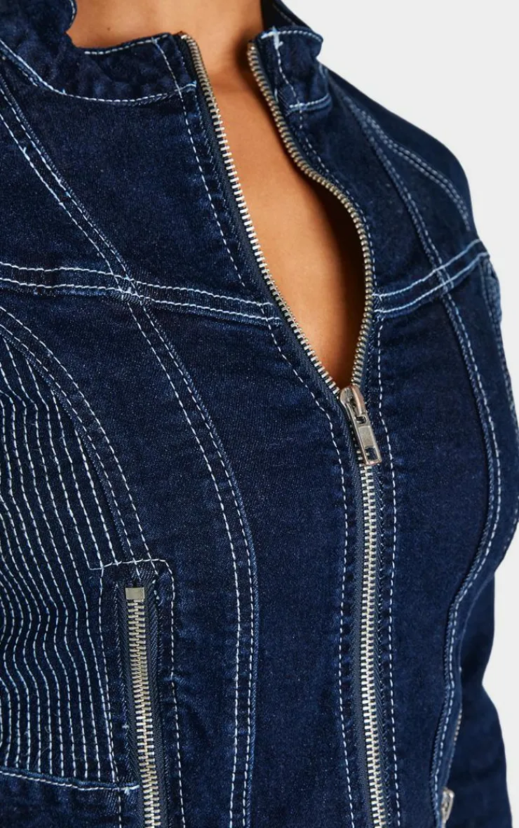 Outlet PrettyLittleThing Petite Stitch Detail Zip Cropped Denim Jacket Indigo