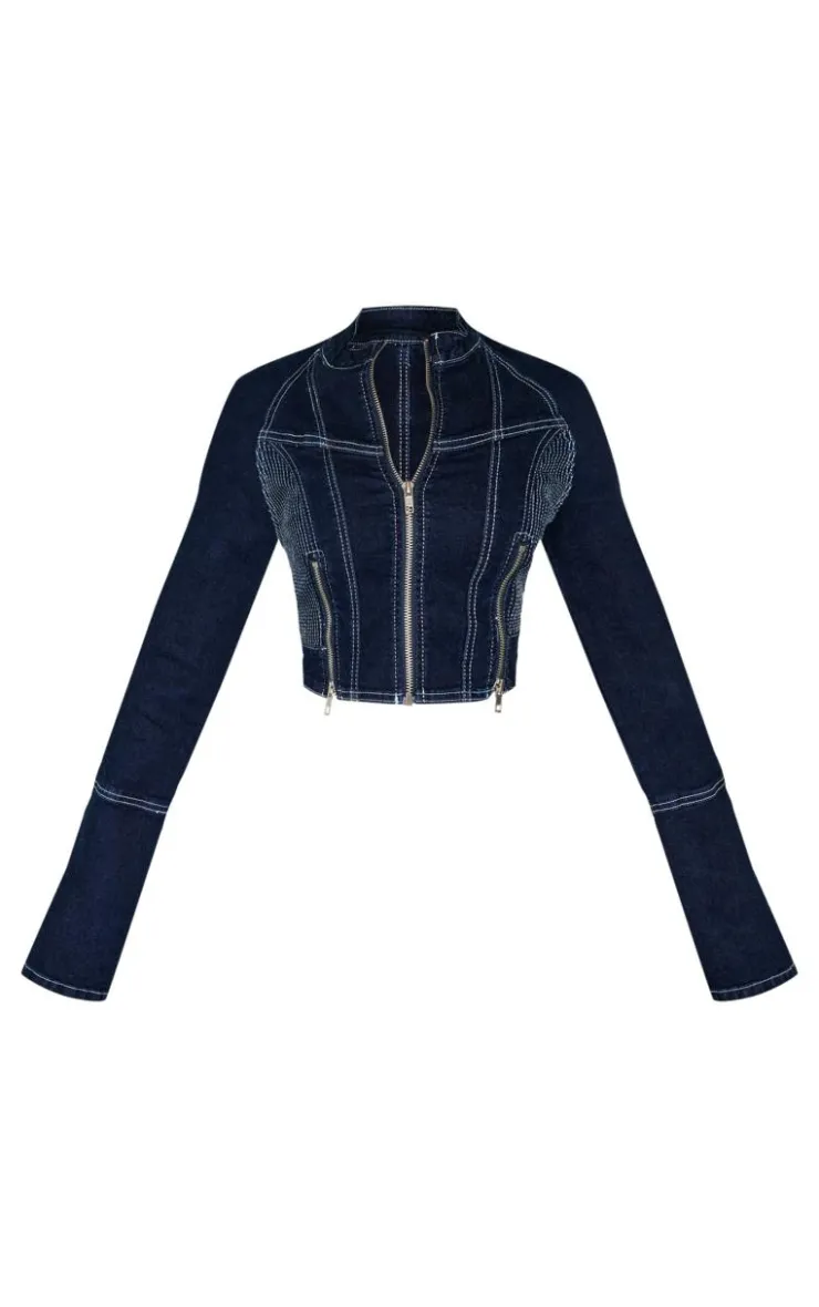 Outlet PrettyLittleThing Petite Stitch Detail Zip Cropped Denim Jacket Indigo