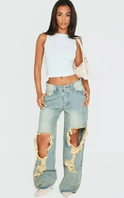 Petite Indigo Vintage Wash Extreme Rip Front Straight Leg Jeans