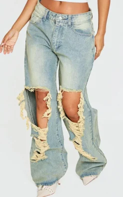 Petite Indigo Vintage Wash Extreme Rip Front Straight Leg Jeans