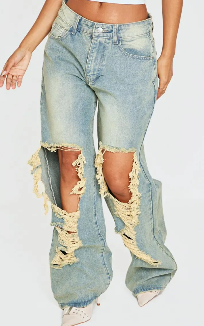 Petite Indigo Vintage Wash Extreme Rip Front Straight Leg Jeans
