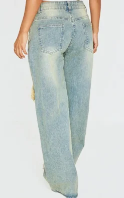Petite Indigo Vintage Wash Extreme Rip Front Straight Leg Jeans