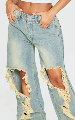 Petite Indigo Vintage Wash Extreme Rip Front Straight Leg Jeans