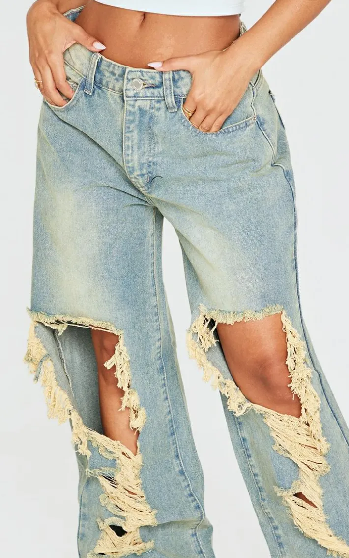 Petite Indigo Vintage Wash Extreme Rip Front Straight Leg Jeans