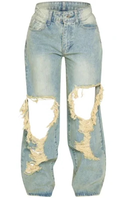 Petite Indigo Vintage Wash Extreme Rip Front Straight Leg Jeans