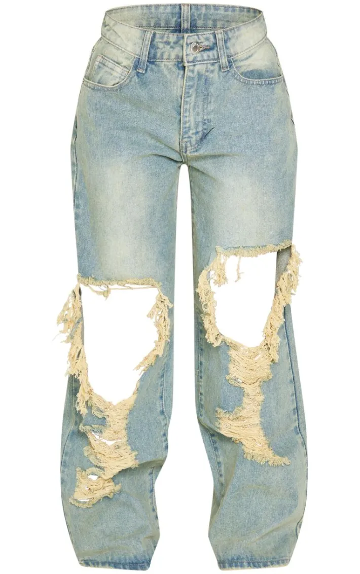 Petite Indigo Vintage Wash Extreme Rip Front Straight Leg Jeans