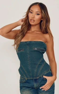 PrettyLittleThing Corsets*Petite Zip Detail Denim Curved Hem Corset