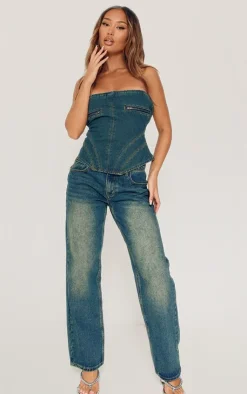 PrettyLittleThing Corsets*Petite Zip Detail Denim Curved Hem Corset