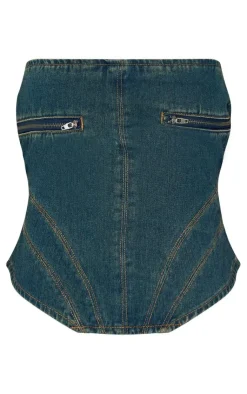 PrettyLittleThing Corsets*Petite Zip Detail Denim Curved Hem Corset