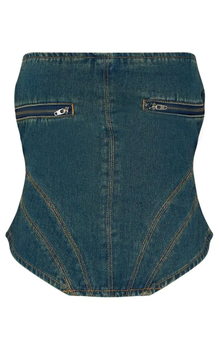 PrettyLittleThing Corsets*Petite Zip Detail Denim Curved Hem Corset