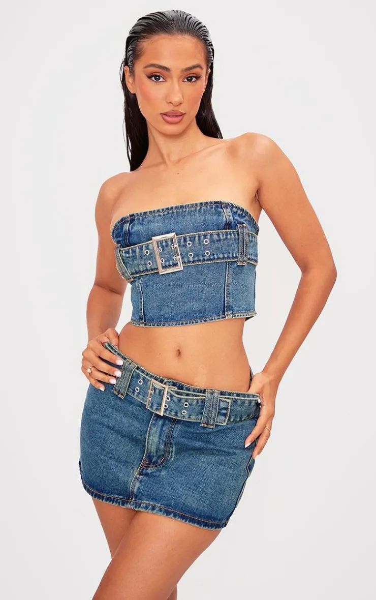 Sale PrettyLittleThing Petite Buckle Detail Denim Mini Bandeau Top Indigo Vintage Wash