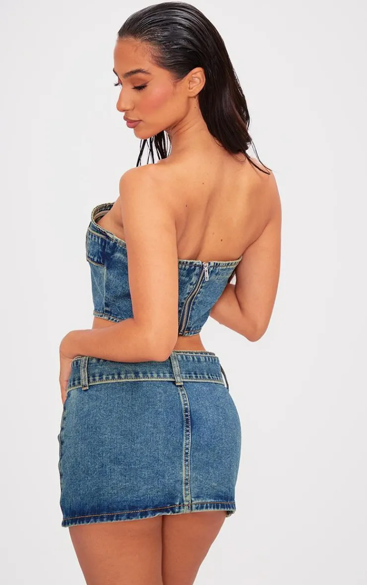 Sale PrettyLittleThing Petite Buckle Detail Denim Mini Bandeau Top Indigo Vintage Wash