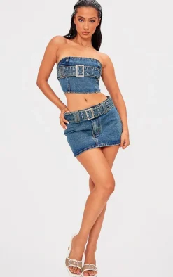 Sale PrettyLittleThing Petite Buckle Detail Denim Mini Bandeau Top Indigo Vintage Wash