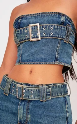 Sale PrettyLittleThing Petite Buckle Detail Denim Mini Bandeau Top Indigo Vintage Wash