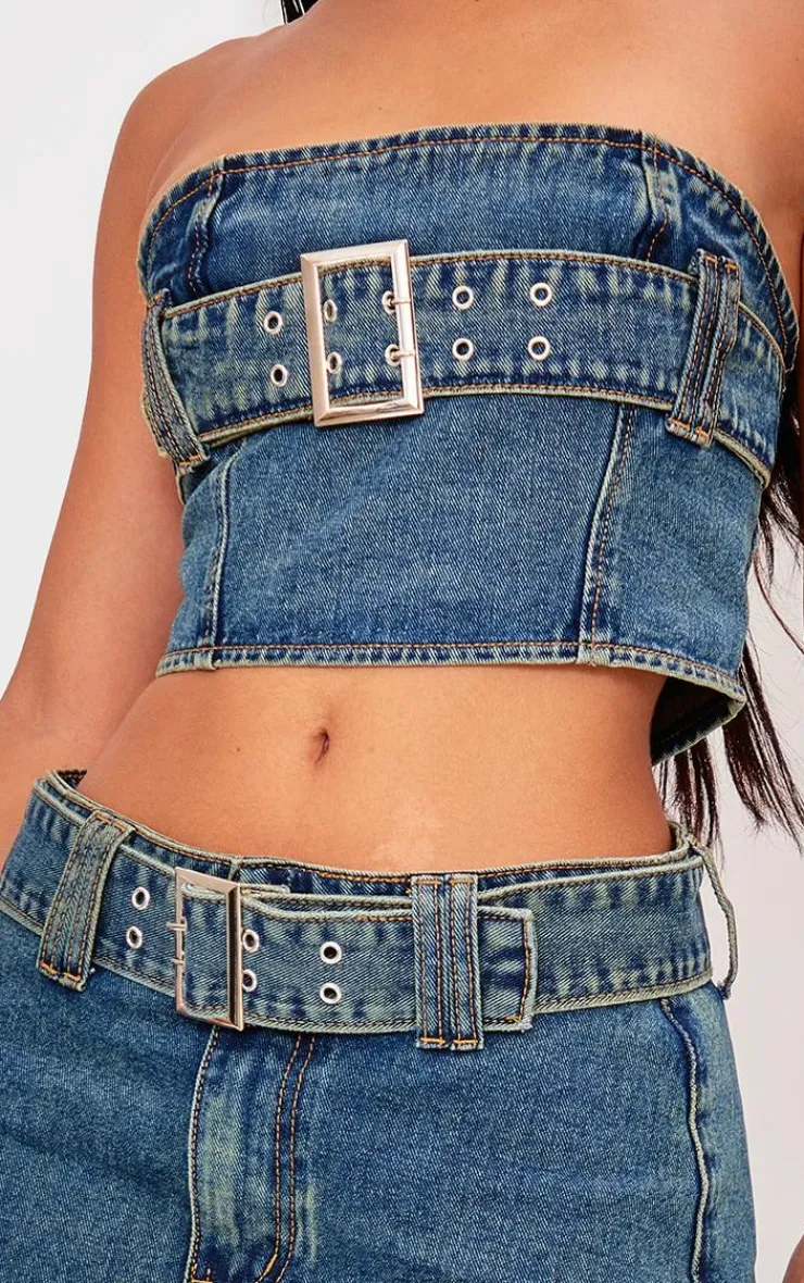 Sale PrettyLittleThing Petite Buckle Detail Denim Mini Bandeau Top Indigo Vintage Wash