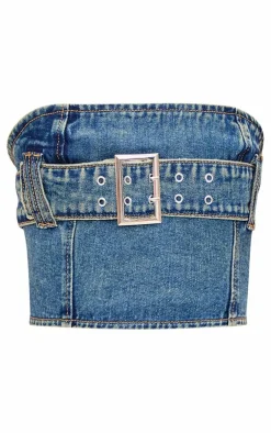 Sale PrettyLittleThing Petite Buckle Detail Denim Mini Bandeau Top Indigo Vintage Wash