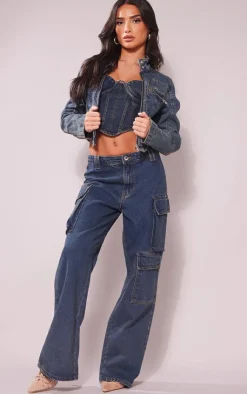 New PrettyLittleThing Petite Denim Cargo Jeans Indigo Vintage Wash
