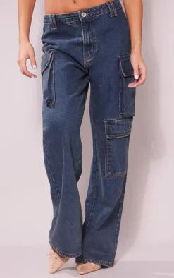 New PrettyLittleThing Petite Denim Cargo Jeans Indigo Vintage Wash