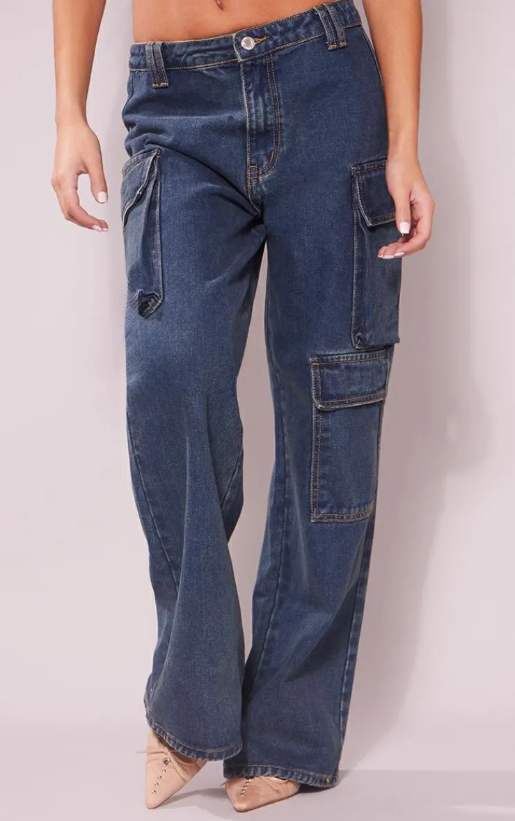 New PrettyLittleThing Petite Denim Cargo Jeans Indigo Vintage Wash