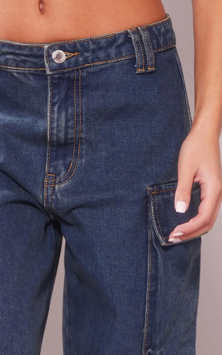 New PrettyLittleThing Petite Denim Cargo Jeans Indigo Vintage Wash