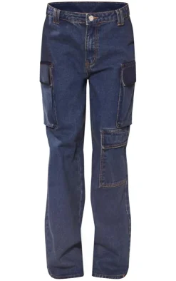 New PrettyLittleThing Petite Denim Cargo Jeans Indigo Vintage Wash