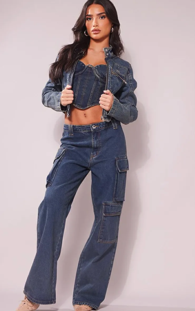 New PrettyLittleThing Petite Denim Seam Detail Corset Indigo Vintage Wash