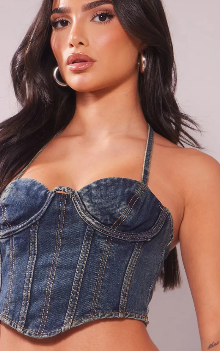 New PrettyLittleThing Petite Denim Seam Detail Corset Indigo Vintage Wash