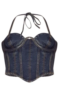 New PrettyLittleThing Petite Denim Seam Detail Corset Indigo Vintage Wash