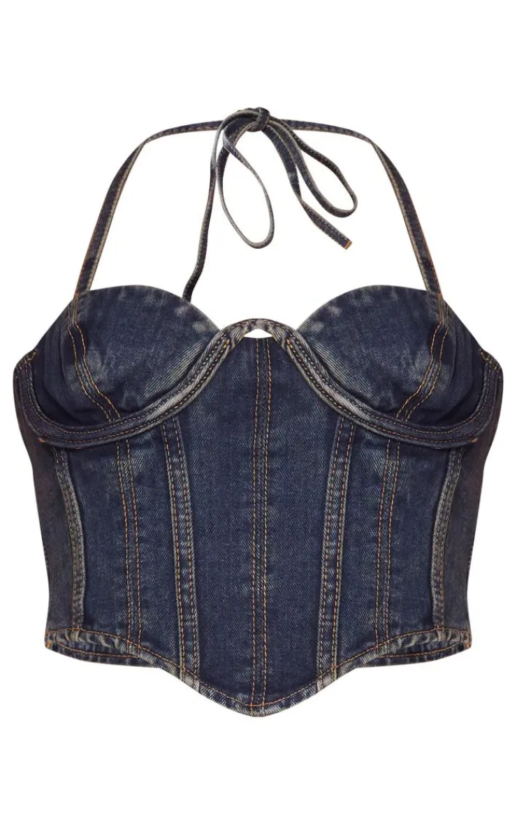 New PrettyLittleThing Petite Denim Seam Detail Corset Indigo Vintage Wash
