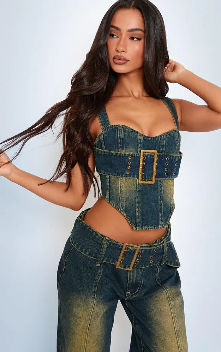 PrettyLittleThing Corsets*Petite Denim Buckle Detail Corset Top