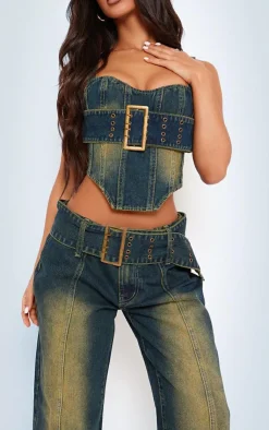 PrettyLittleThing Corsets*Petite Denim Buckle Detail Corset Top