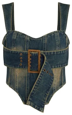PrettyLittleThing Corsets*Petite Denim Buckle Detail Corset Top