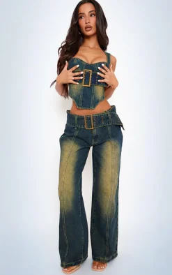 Sale PrettyLittleThing Petite Denim Buckle Detail Straight Leg Jeans Indigo Vintage Wash